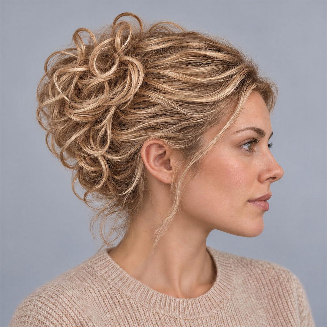 Kvinna från sidan med Tangled Scrunchie Luxe Length i Sandy Blonde – stor lockig messy bun