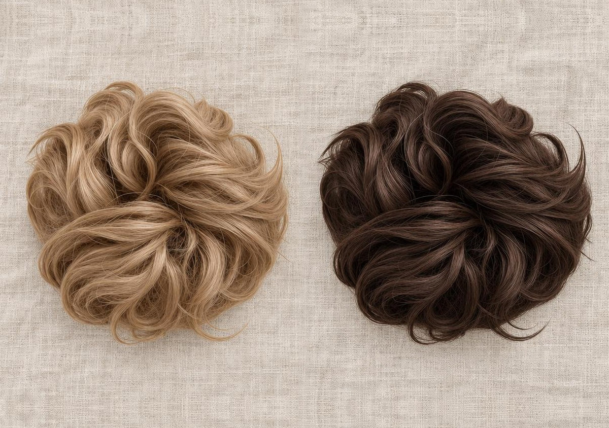 Tangled Scrunchie Luxe Length i Sandy Blonde och Mocha på linne