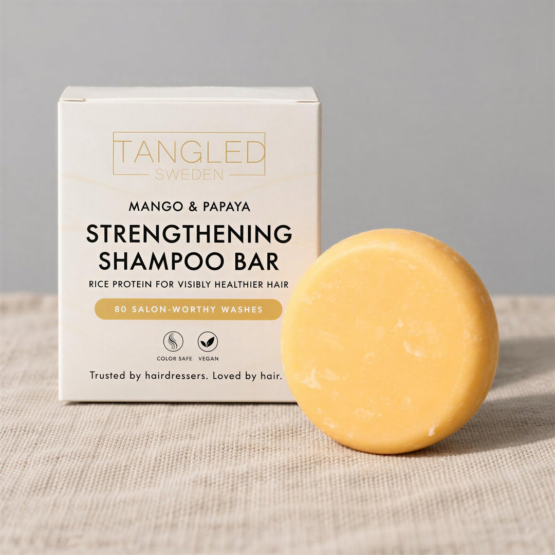 Tangled shampoopala – vahvistava palashampoo mangolla ja papaijalla, pakkaus pellavalla