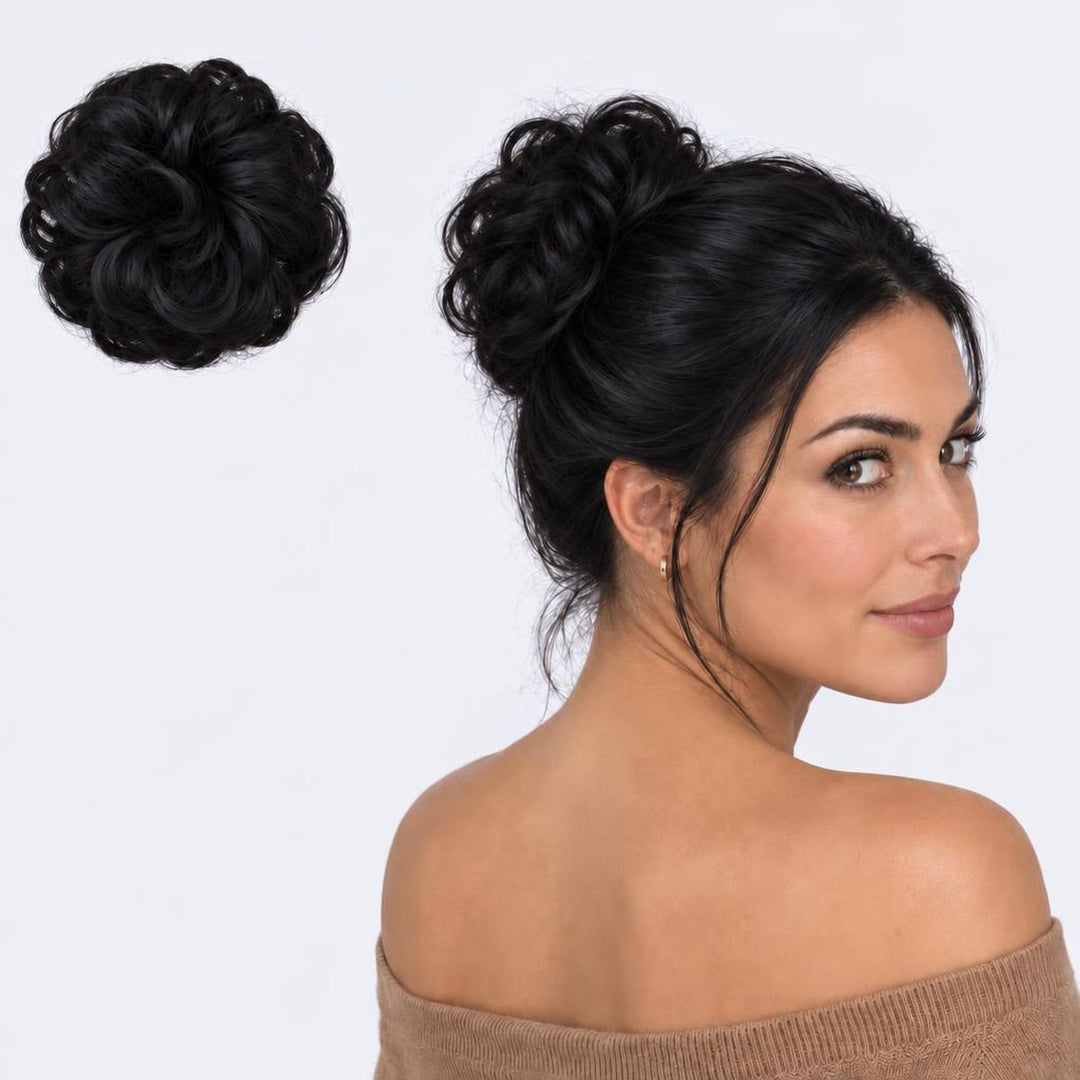 Tangled Scrunchie, sävy Black – kihara hiuslisäke-nuttura, irrallaan ja mallin päässä