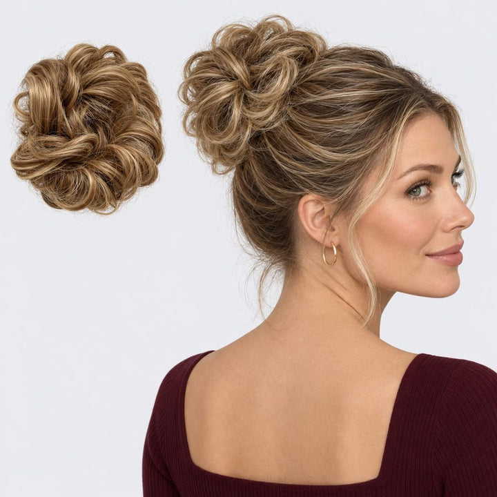 Tangled Scrunchie, sävy Brown Mix – kihara hiuslisäke-nuttura, irrallaan ja mallin päässä
