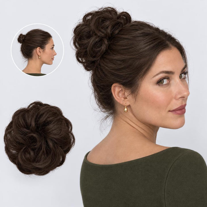 Tangled Scrunchie, sävy Dark Brown – kihara hiuslisäke-nuttura, irrallaan ja mallin päässä