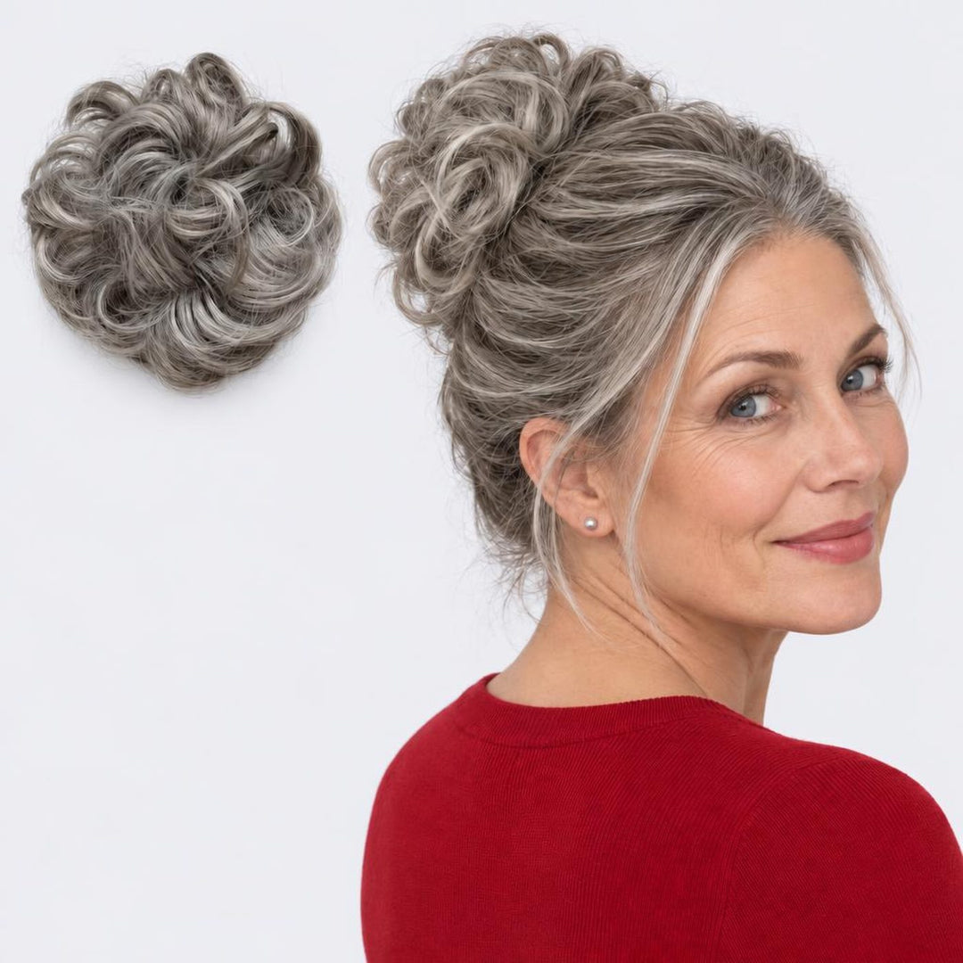 Tangled Scrunchie, sävy Dark Grey – kihara hiuslisäke-nuttura, irrallaan ja mallin päässä