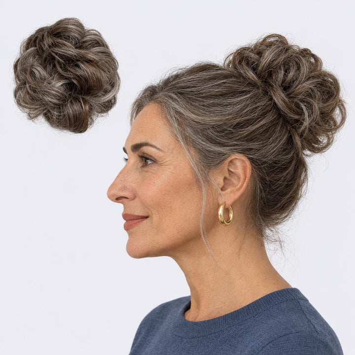 Tangled Scrunchie, sävy Grey Brown – kihara hiuslisäke-nuttura, irrallaan ja mallin päässä