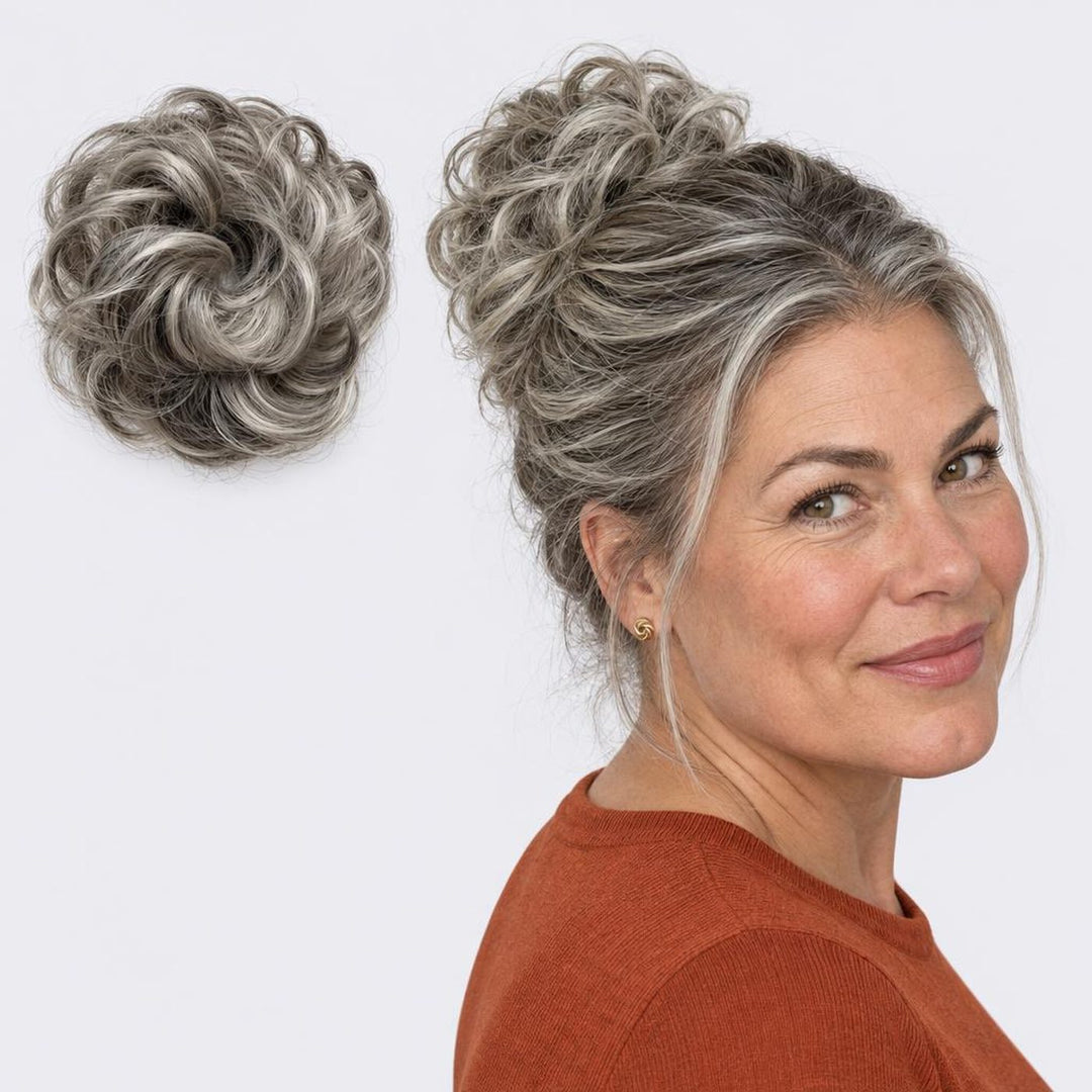 Tangled Scrunchie, sävy Grey Mix – kihara hiuslisäke-nuttura, irrallaan ja mallin päässä