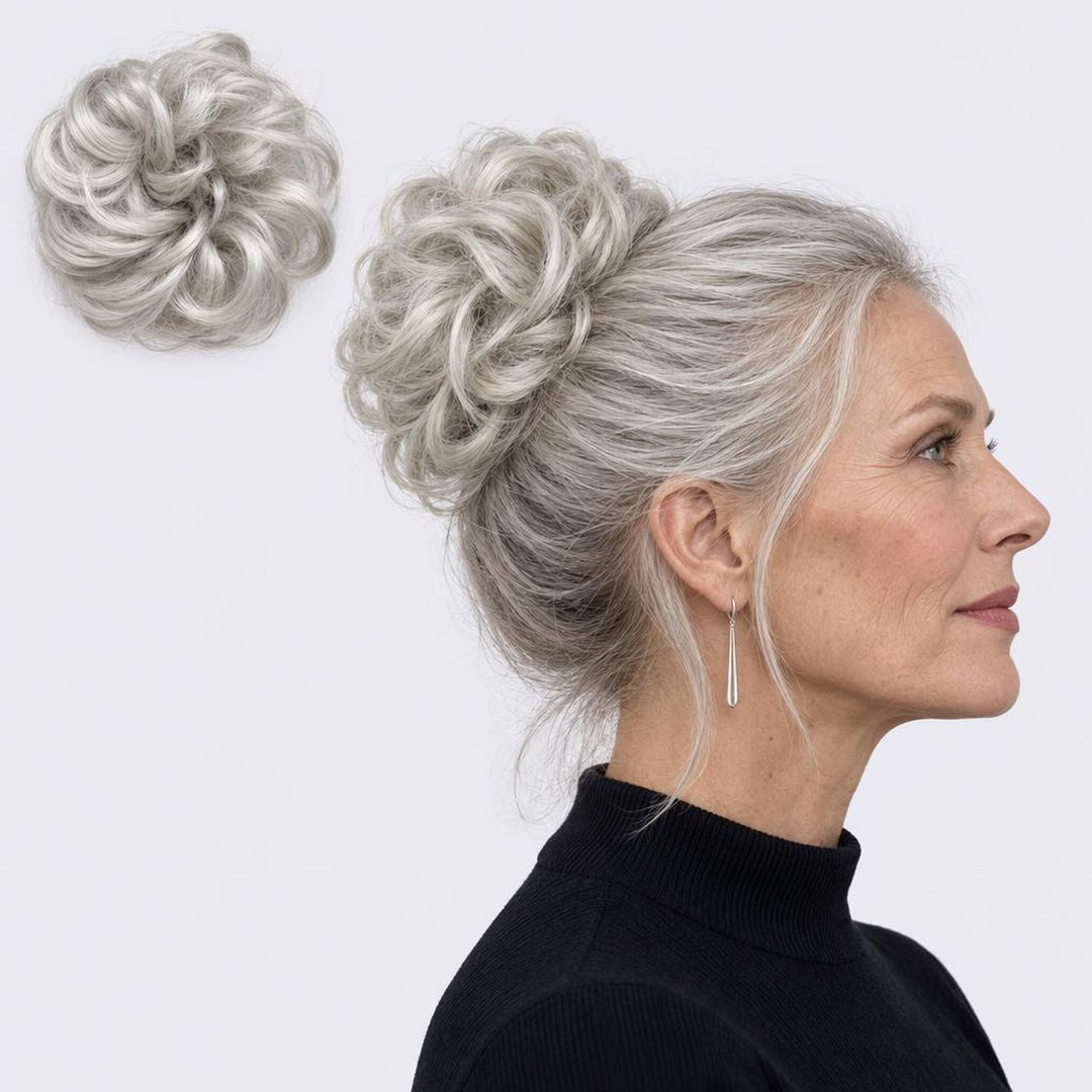 Tangled Scrunchie, sävy Light Grey – kihara hiuslisäke-nuttura, irrallaan ja mallin päässä