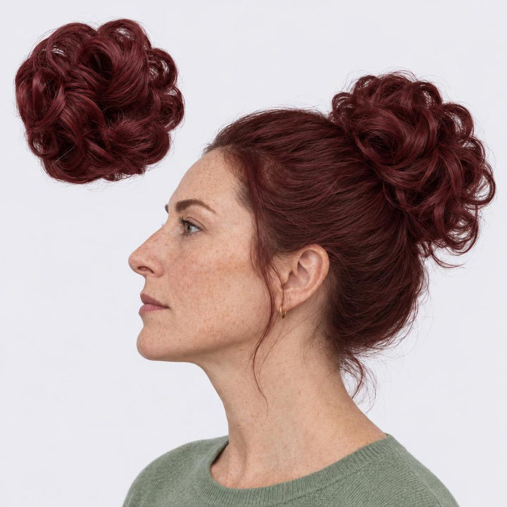 Tangled Scrunchie, sävy Red – kihara hiuslisäke-nuttura, irrallaan ja mallin päässä