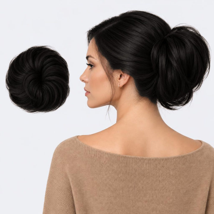 Tangled Straight Scrunchie, sävy Black – suora hiuslisäke-nuttura, irrallaan ja mallin päässä