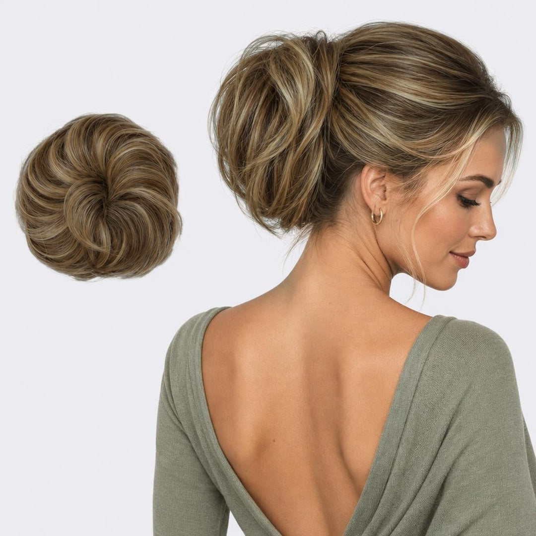 Tangled Straight Scrunchie, sävy Brown Mix – suora hiuslisäke-nuttura, irrallaan ja mallin päässä