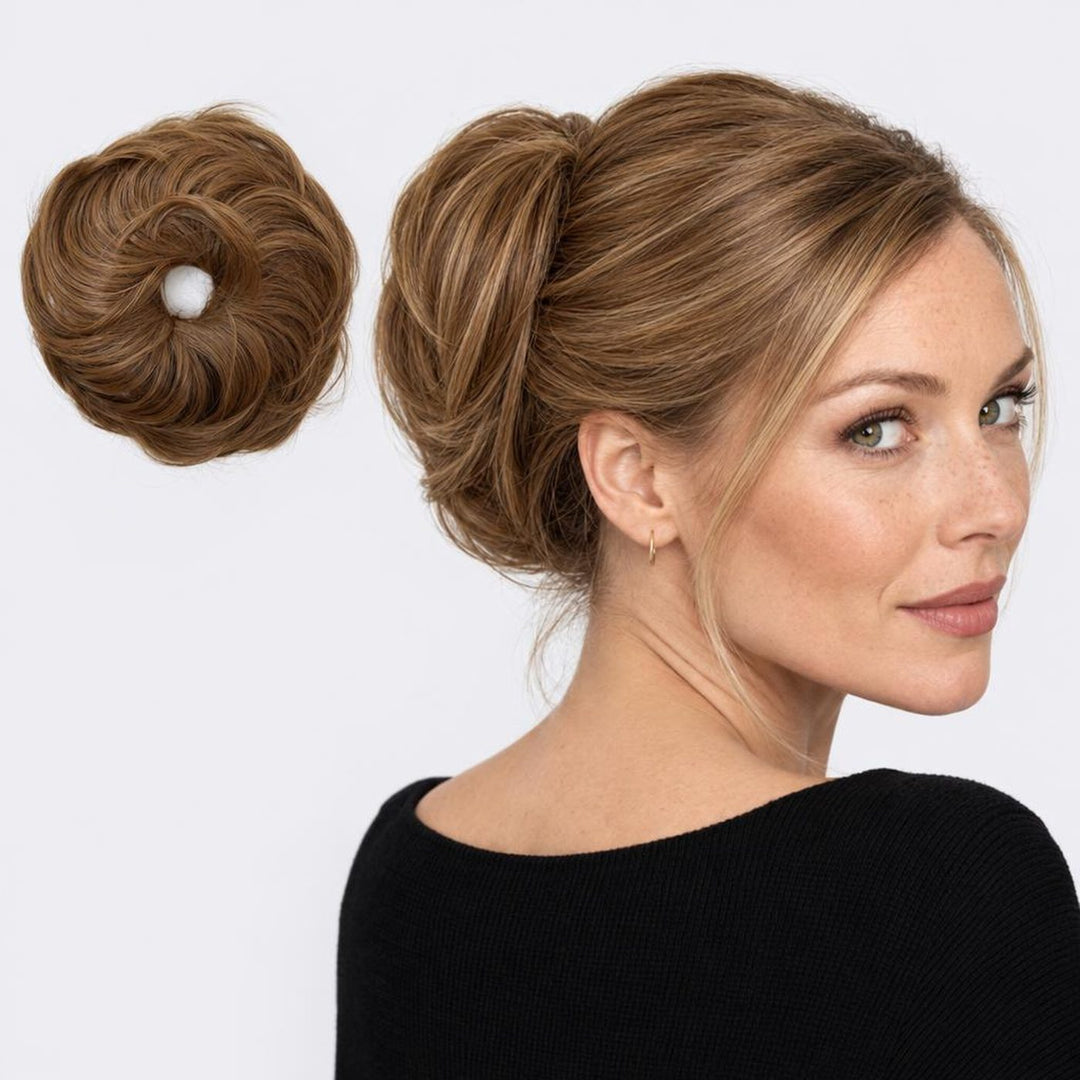 Tangled Straight Scrunchie, sävy Brown – suora hiuslisäke-nuttura, irrallaan ja mallin päässä