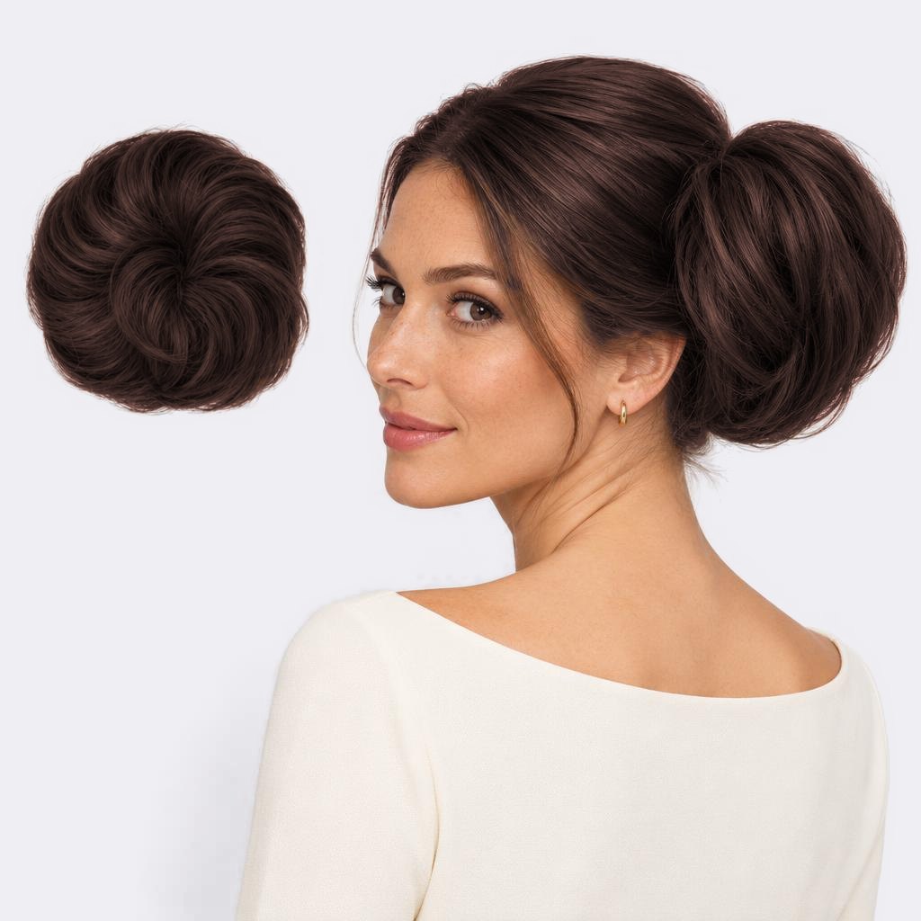 Tangled Straight Scrunchie, sävy Dark Brown – suora hiuslisäke-nuttura, irrallaan ja mallin päässä