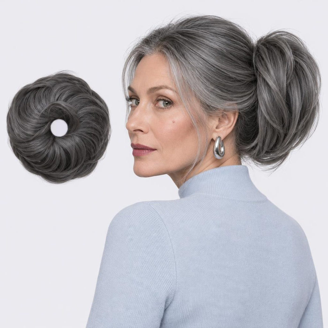 Tangled Straight Scrunchie, sävy Dark Grey – suora hiuslisäke-nuttura, irrallaan ja mallin päässä