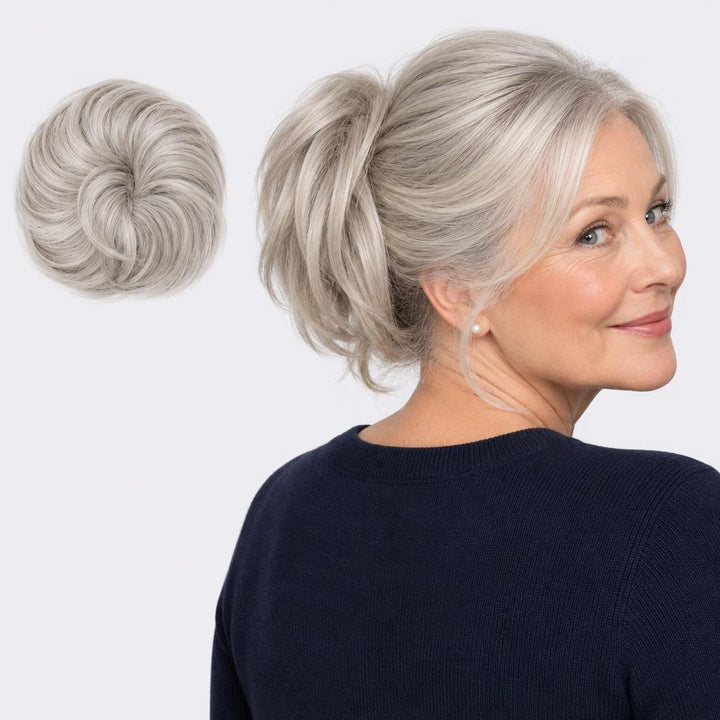 Tangled Straight Scrunchie, sävy Light Grey – suora hiuslisäke-nuttura, irrallaan ja mallin päässä