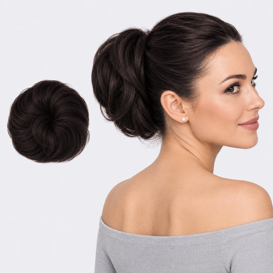 Tangled Straight Scrunchie, sävy Midnight Brown – suora hiuslisäke-nuttura, irrallaan ja mallin päässä