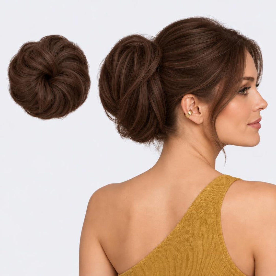 Tangled Straight Scrunchie, sävy Mocha – suora hiuslisäke-nuttura, irrallaan ja mallin päässä
