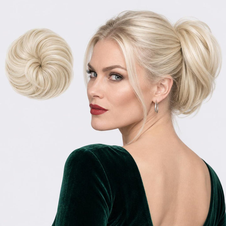 Tangled Straight Scrunchie, sävy Platinum – suora hiuslisäke-nuttura, irrallaan ja mallin päässä