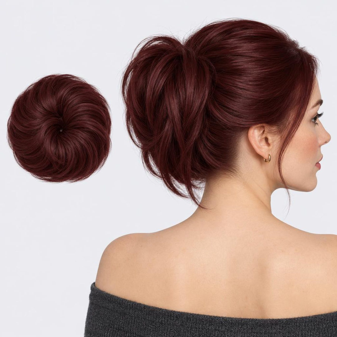 Tangled Straight Scrunchie, sävy Red – suora hiuslisäke-nuttura, irrallaan ja mallin päässä