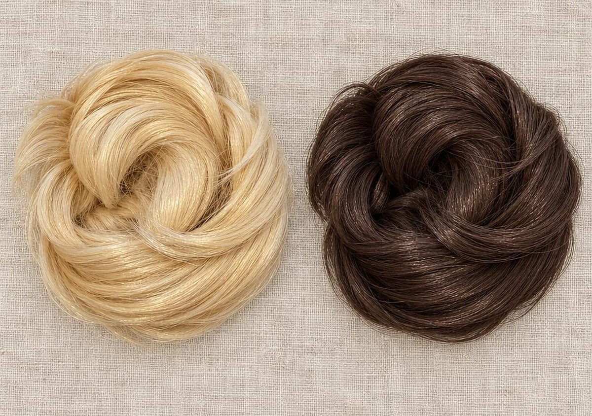 Tangled Straight Scrunchie i Warm Blonde och Dark Brown på linne